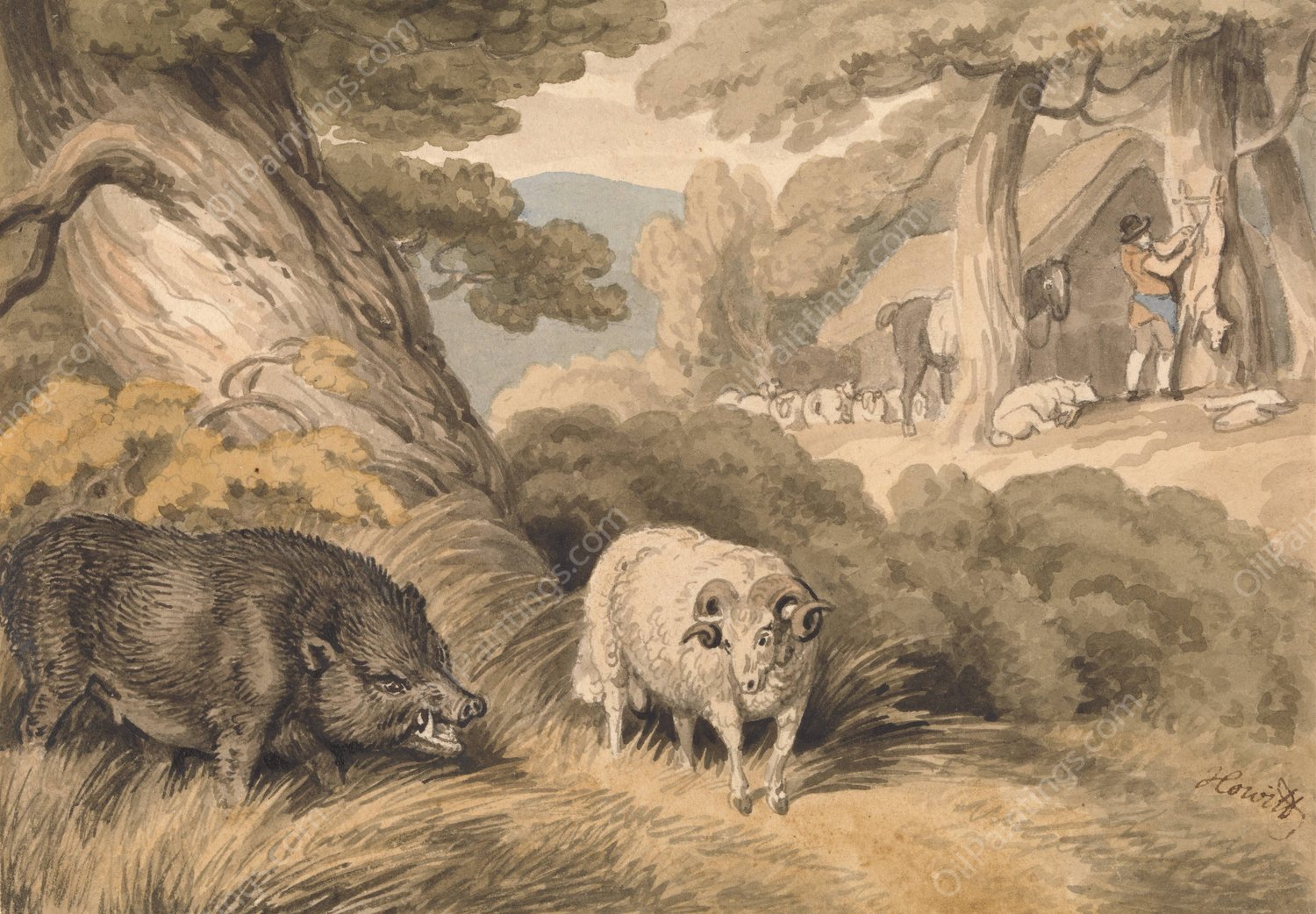 A Boar and a Ram by Samuel Howitt - Hand-Painted Oil Painting Reproduction