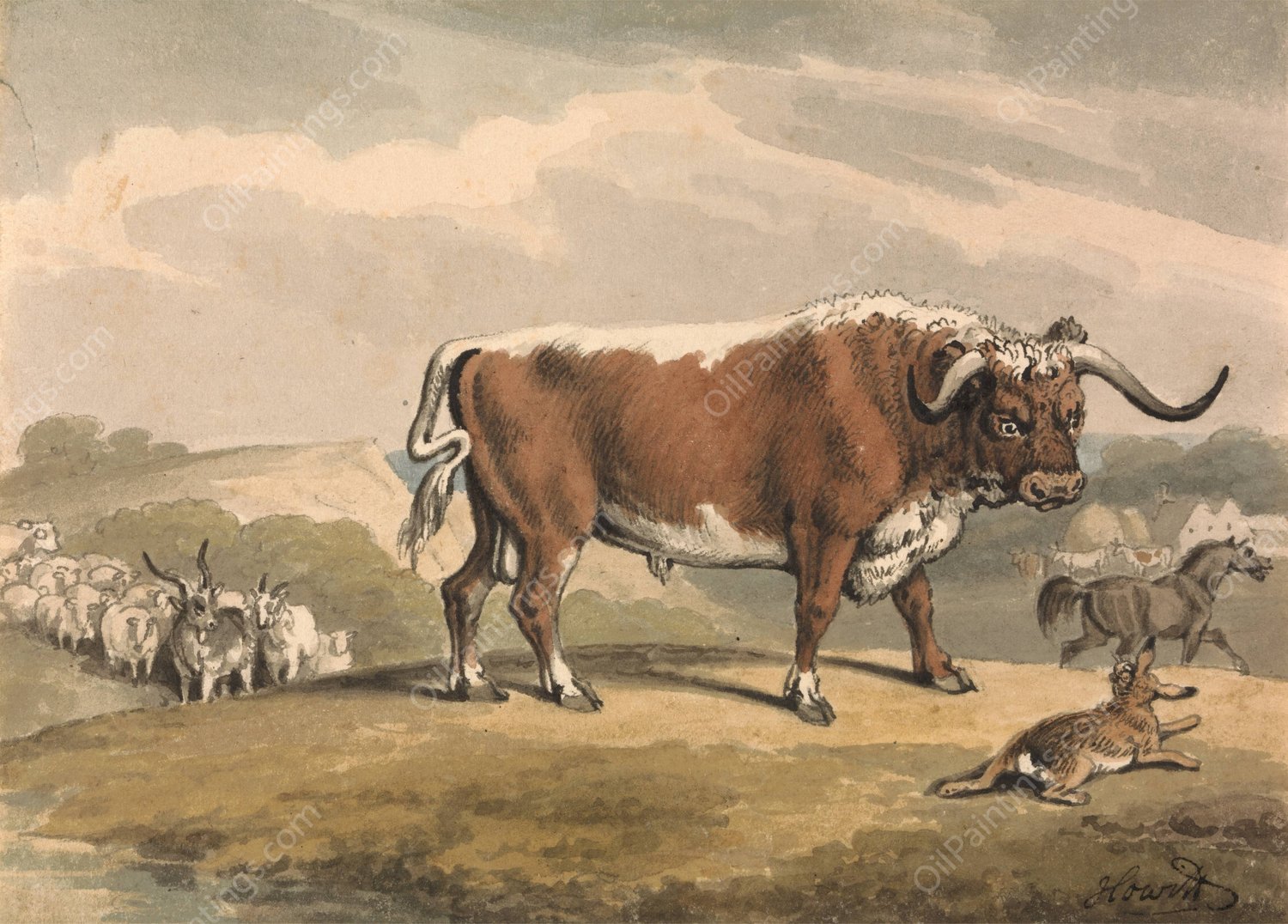 A Bull and a Rabbit by Samuel Howitt - Hand-Painted Oil Painting Reproduction