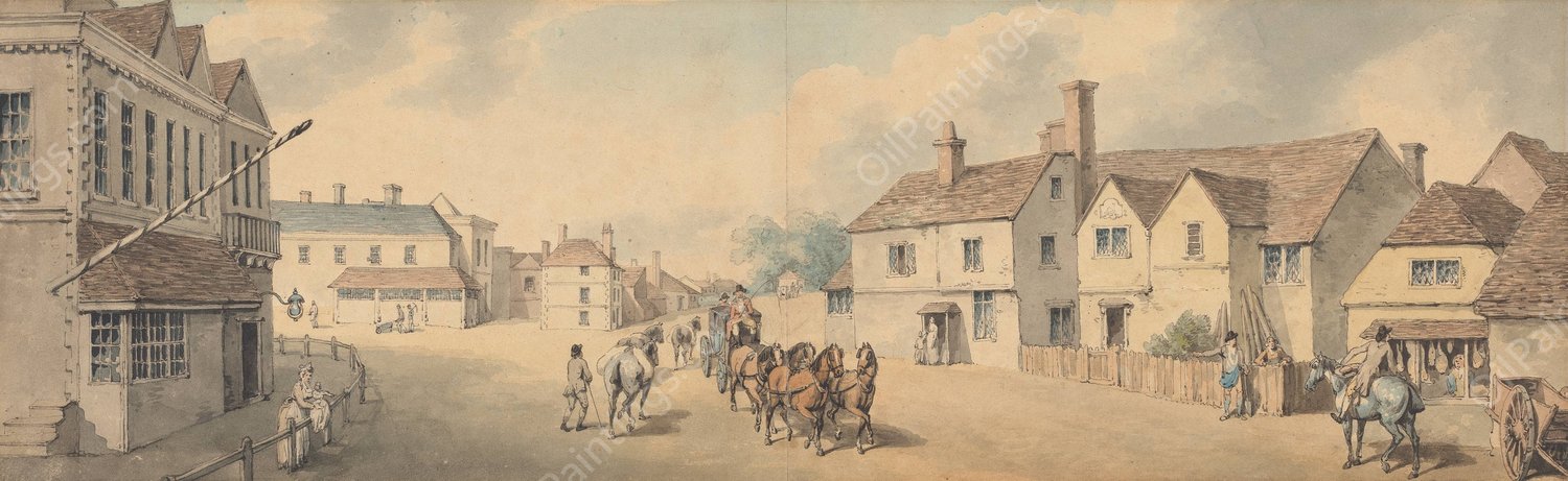 A Coach and Four Passing Through Chippenham, Wiltshire by Samuel Howitt - Hand-Painted Oil Painting Reproduction
