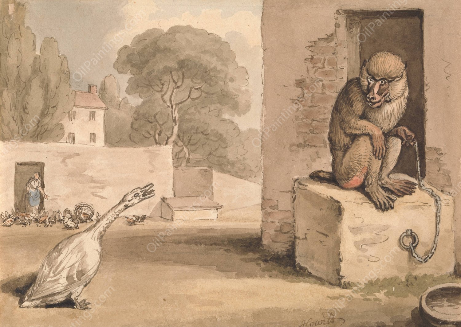 A Goose and a Baboon by Samuel Howitt - Hand-Painted Oil Painting Reproduction