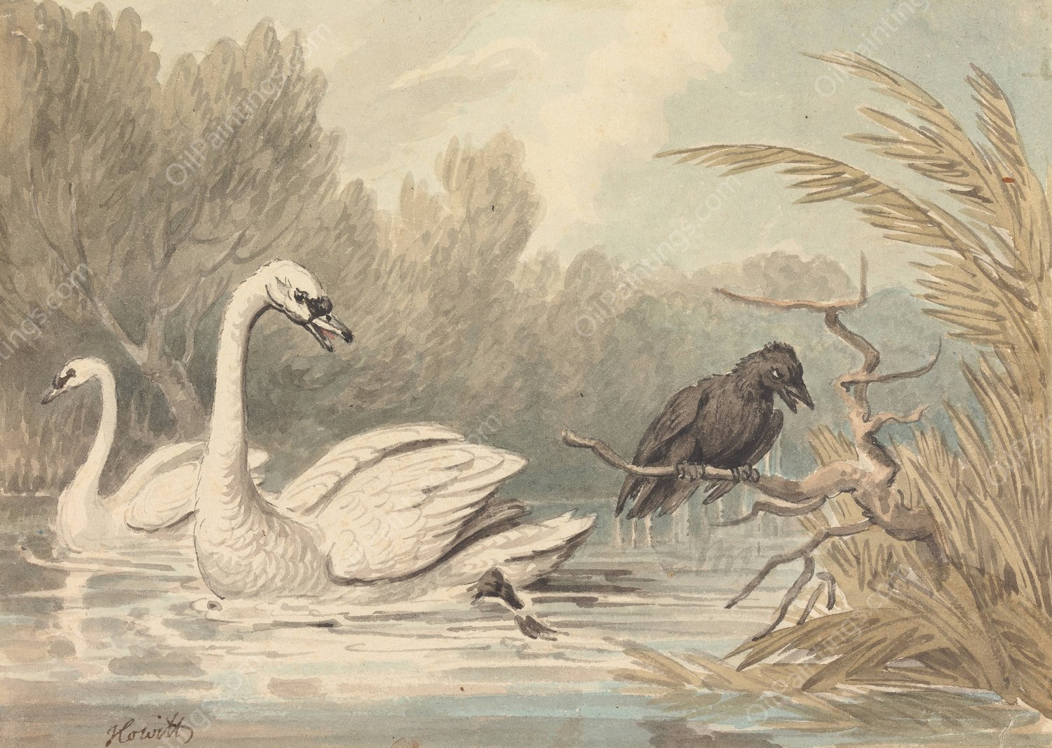 A Raven and Two Swans by Samuel Howitt - Hand-Painted Oil Painting Reproduction