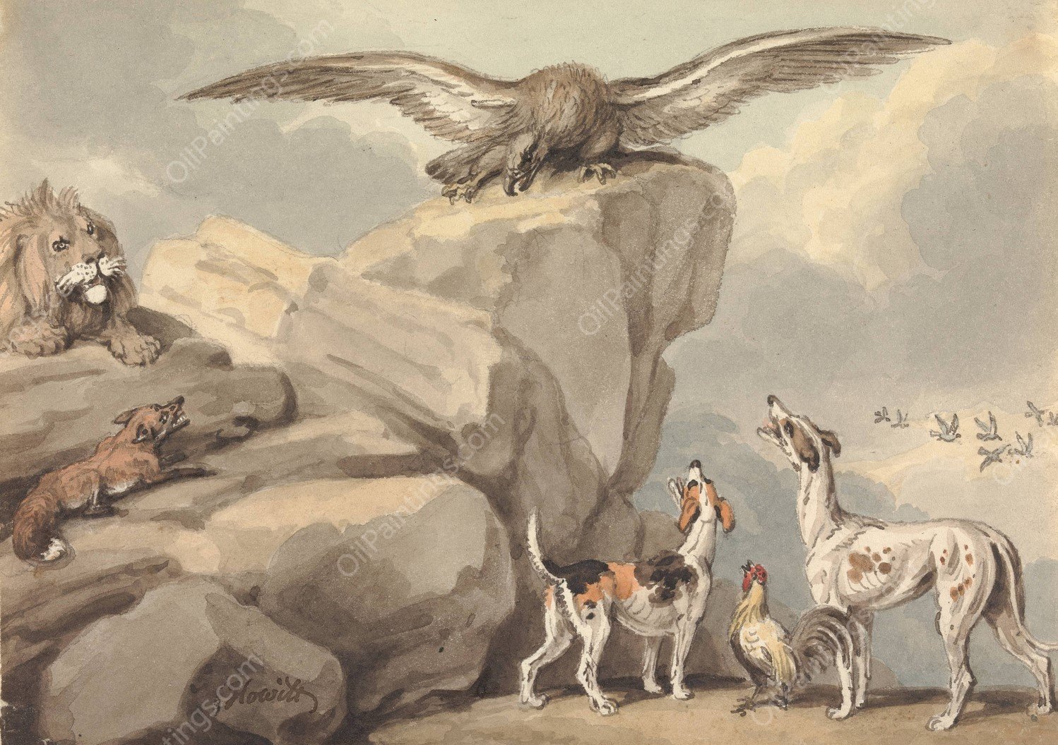 An Eagle Perched on a Rock; Lion, Fox, Two Hounds and a Rooster by Samuel Howitt - Hand-Painted Oil Painting Reproduction