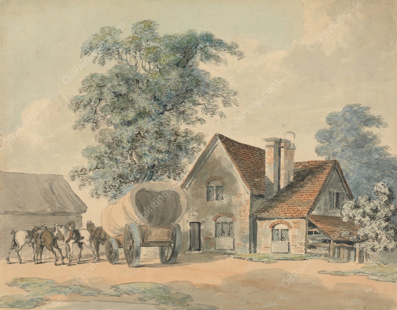 Horses and Wagon Outside a Cottage by Samuel Howitt - Hand-Painted Oil Painting Reproduction