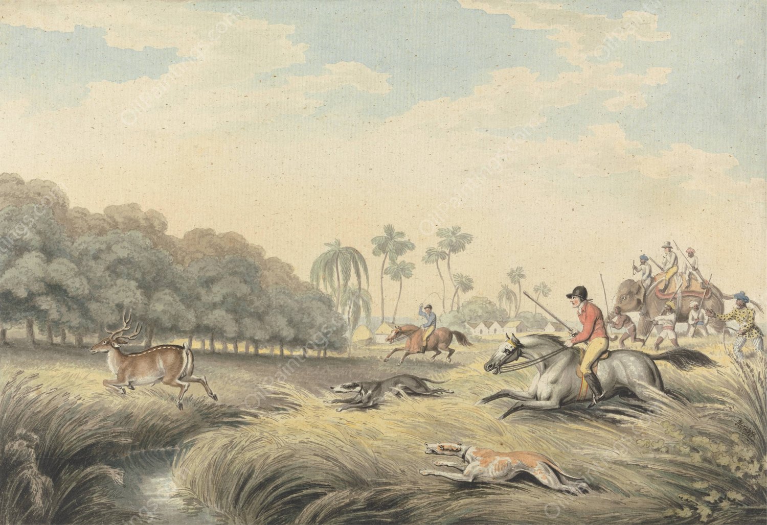 Hunting a Hog-Deer  by Samuel Howitt - Hand-Painted Oil Painting Reproduction