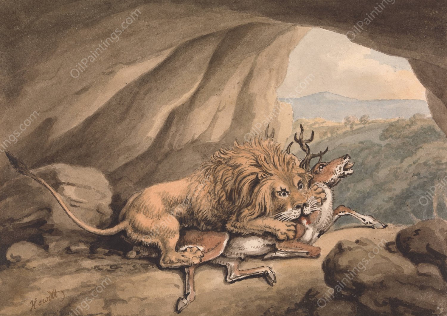 Lion Attacking a Stag by Samuel Howitt - Hand-Painted Oil Painting Reproduction