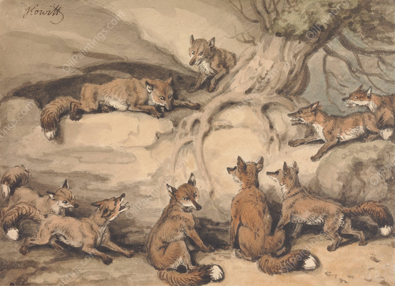 Nine Foxes Gathered Around a Tree; an Illustration of Aesop's Fable, 'The Fox who Lost His Tail' by Samuel Howitt - Hand-Painted Oil Painting Reproduction