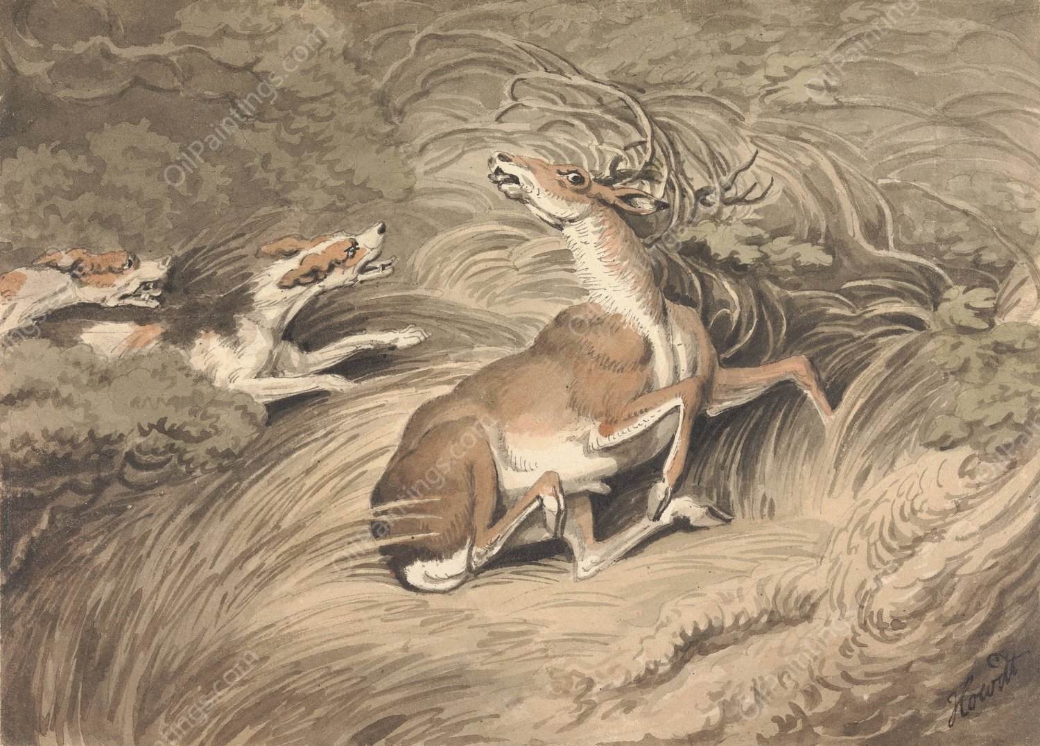 Two Hounds Attacking a Stag at Bay by Samuel Howitt - Hand-Painted Oil Painting Reproduction