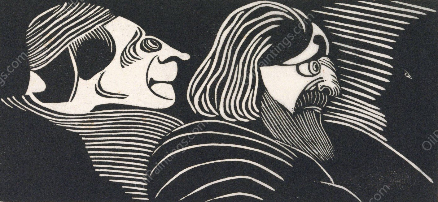 Fantasie; twee mannenkoppen in profiel naar links, links een profiel in tegengestelde richting  by Samuel Jessurun De Mesquita - Hand-Painted Oil Painting Reproduction