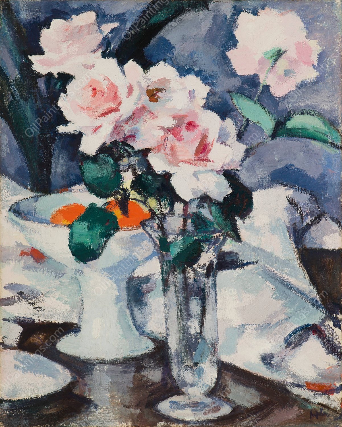 Pink Roses in a Glass Vase  by Samuel John Peploe - Hand-Painted Oil Painting Reproduction