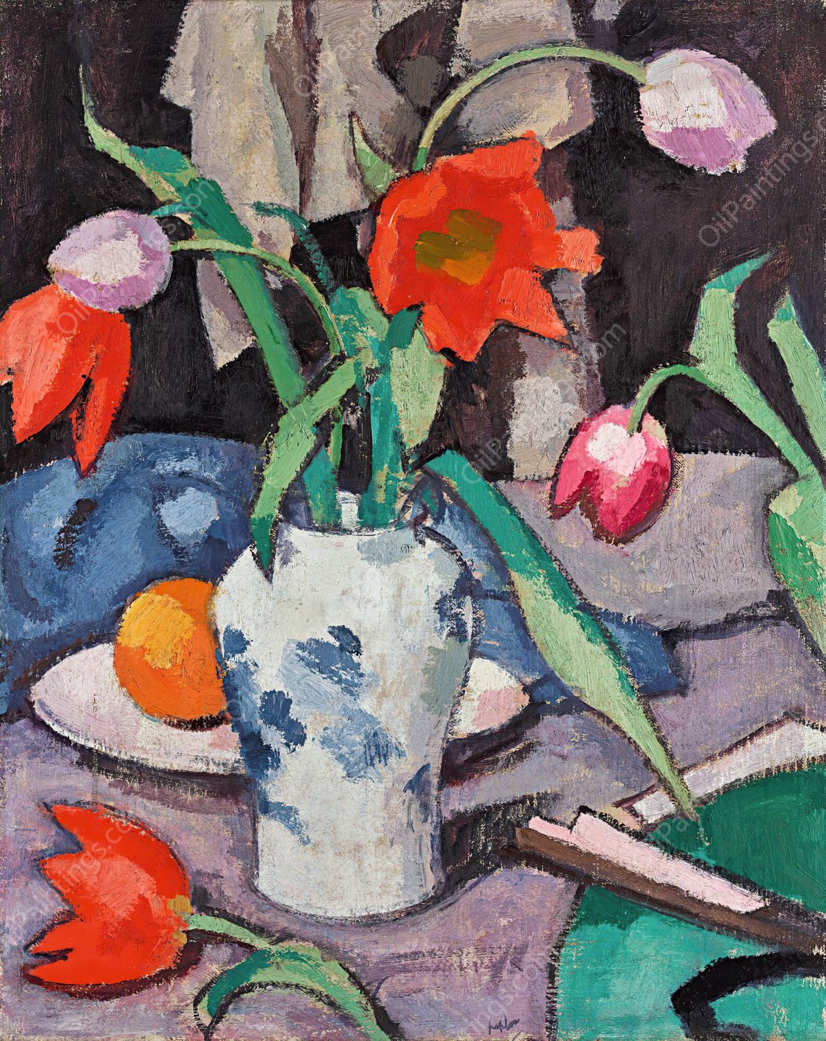 Still Life With Tulips And Fan  by Samuel John Peploe - Hand-Painted Oil Painting Reproduction