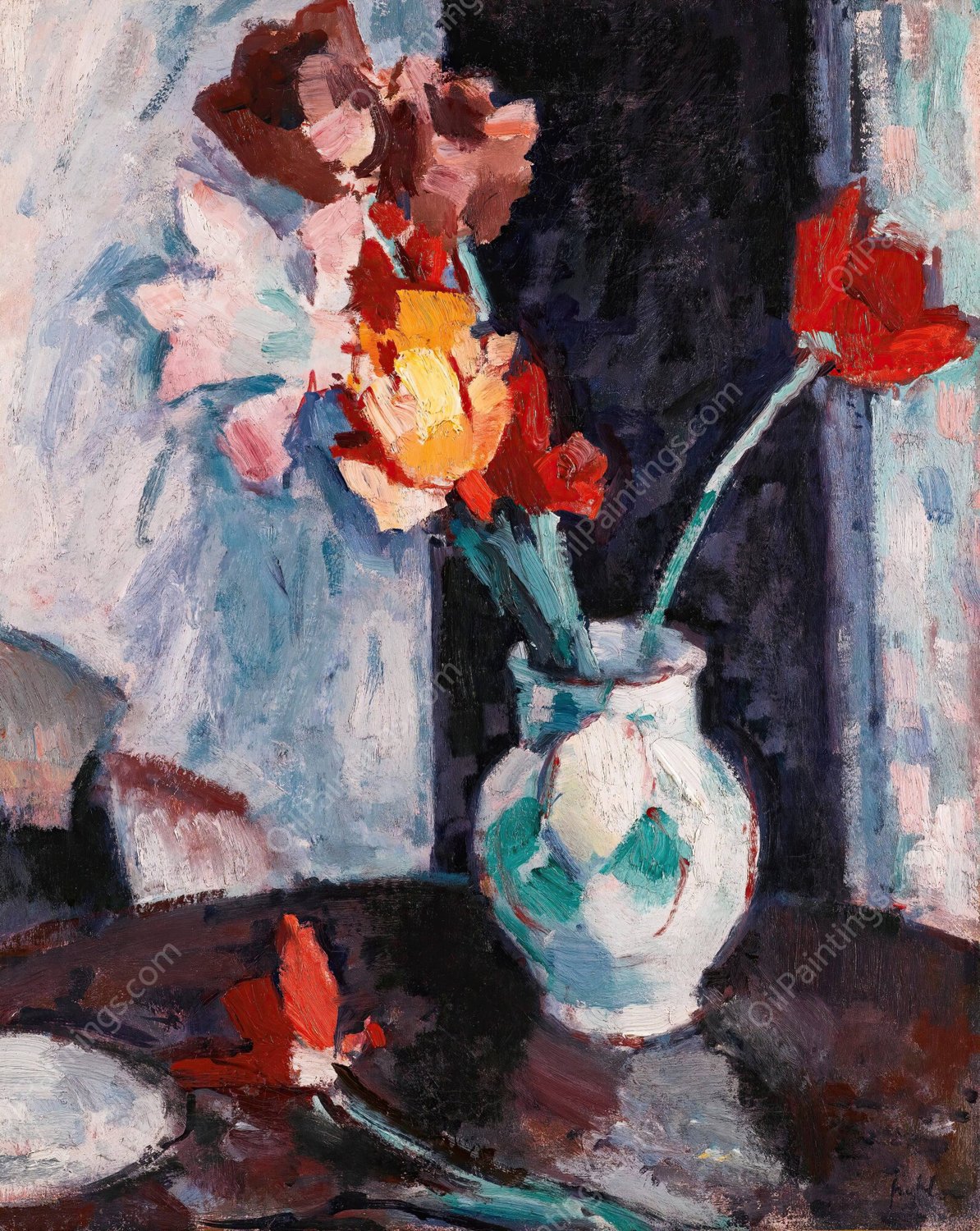 Tulips In A White Vase by Samuel John Peploe - Hand-Painted Oil Painting Reproduction
