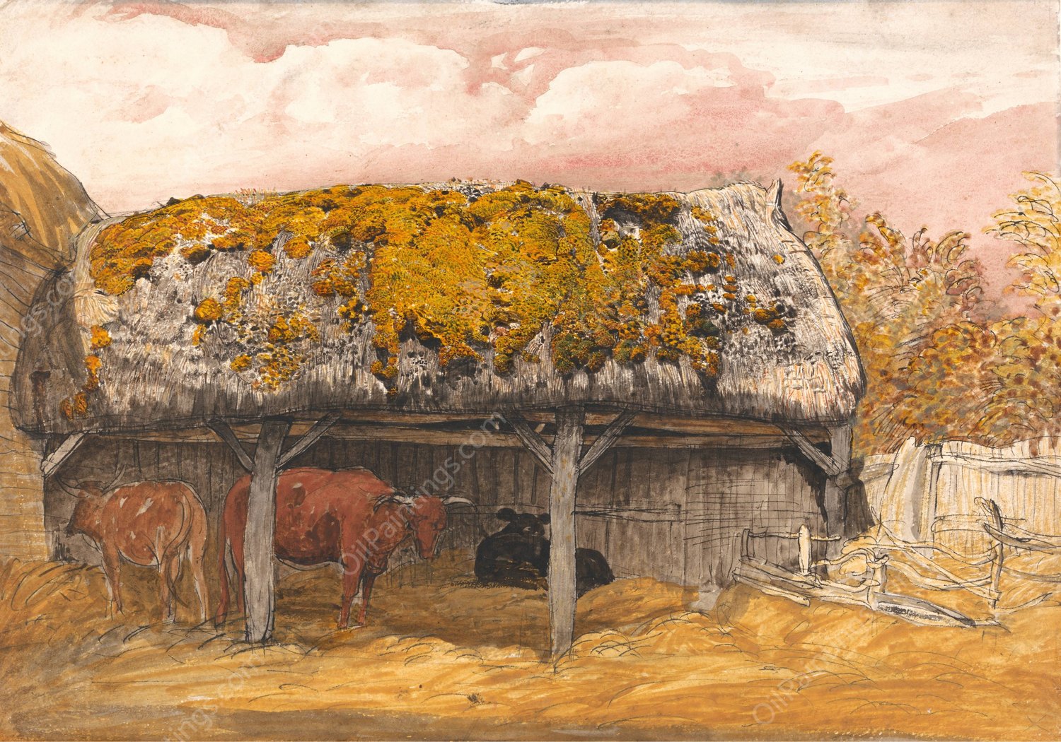 A Cow Lodge with a Mossy Roof  by Samuel Palmer - Hand-Painted Oil Painting Reproduction