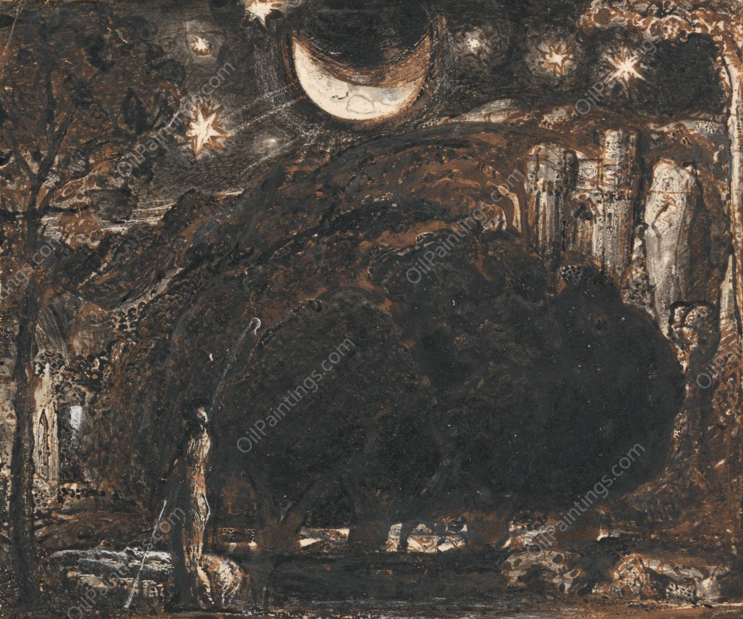A Shepherd and his Flock under the Moon and Stars  by Samuel Palmer - Hand-Painted Oil Painting Reproduction