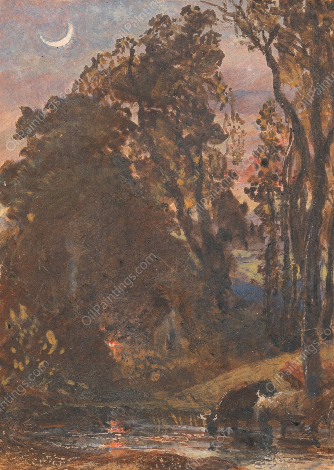 Evening, Cattle Watering by Samuel Palmer - Hand-Painted Oil Painting Reproduction