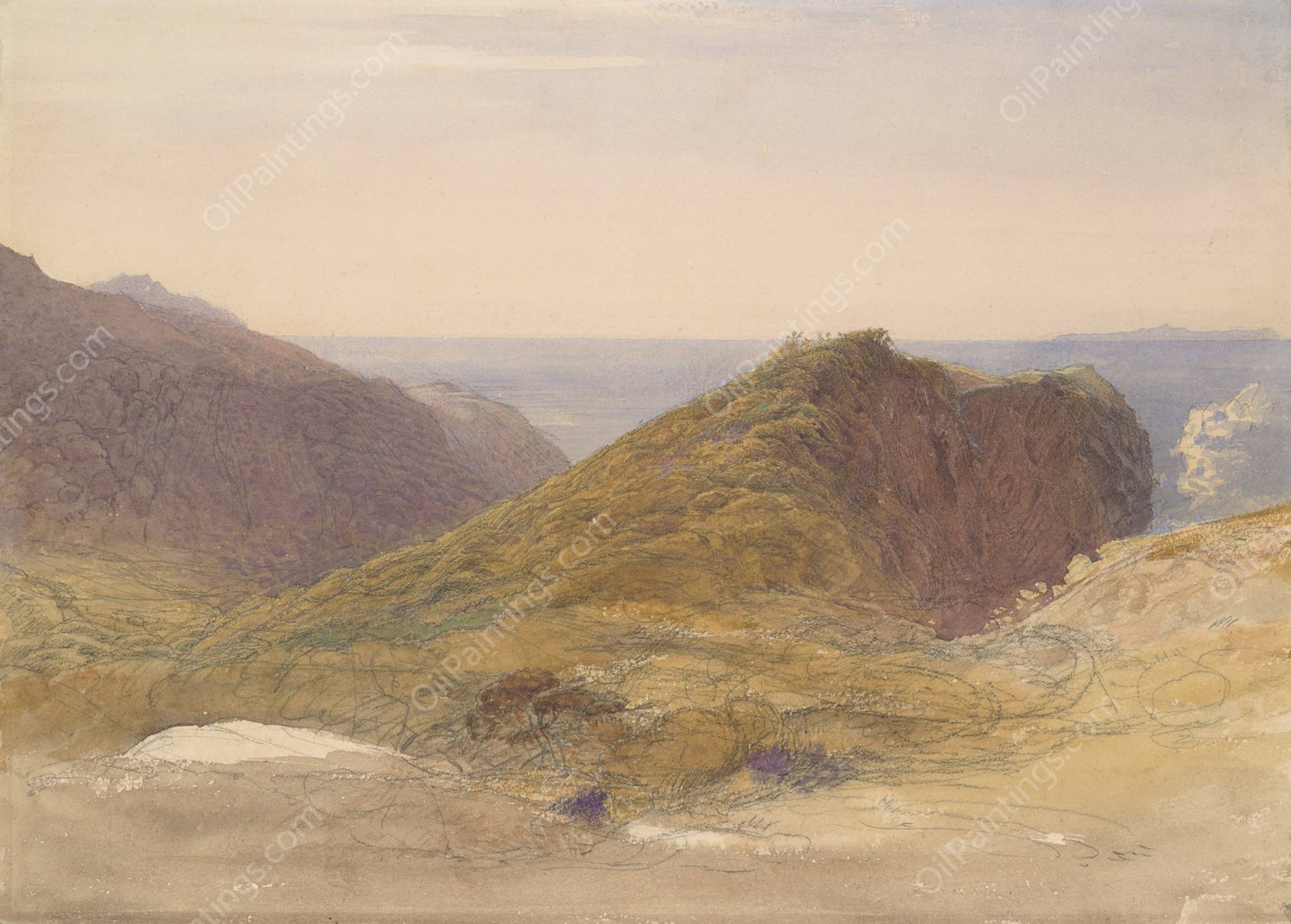 On the North Coast of Devon, Lundy Island in the Distance  by Samuel Palmer - Hand-Painted Oil Painting Reproduction