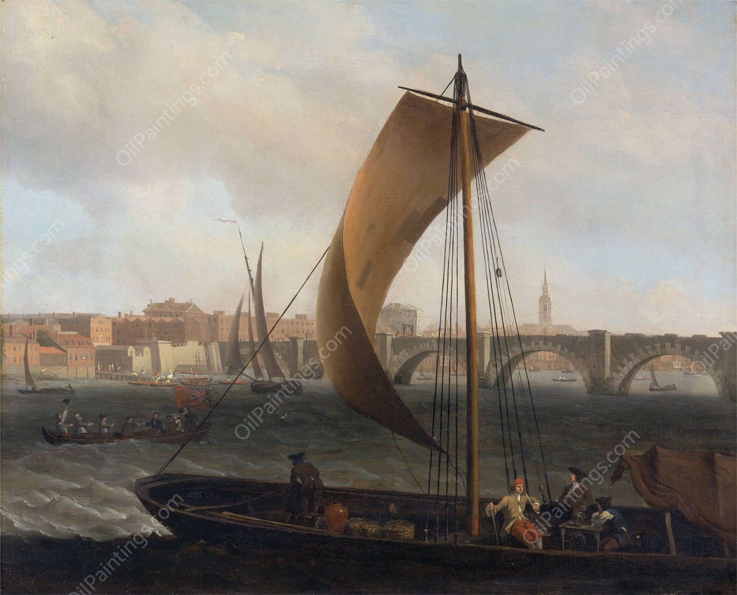 View on the Thames with Westminster Bridge  by Samuel Scott - Hand-Painted Oil Painting Reproduction