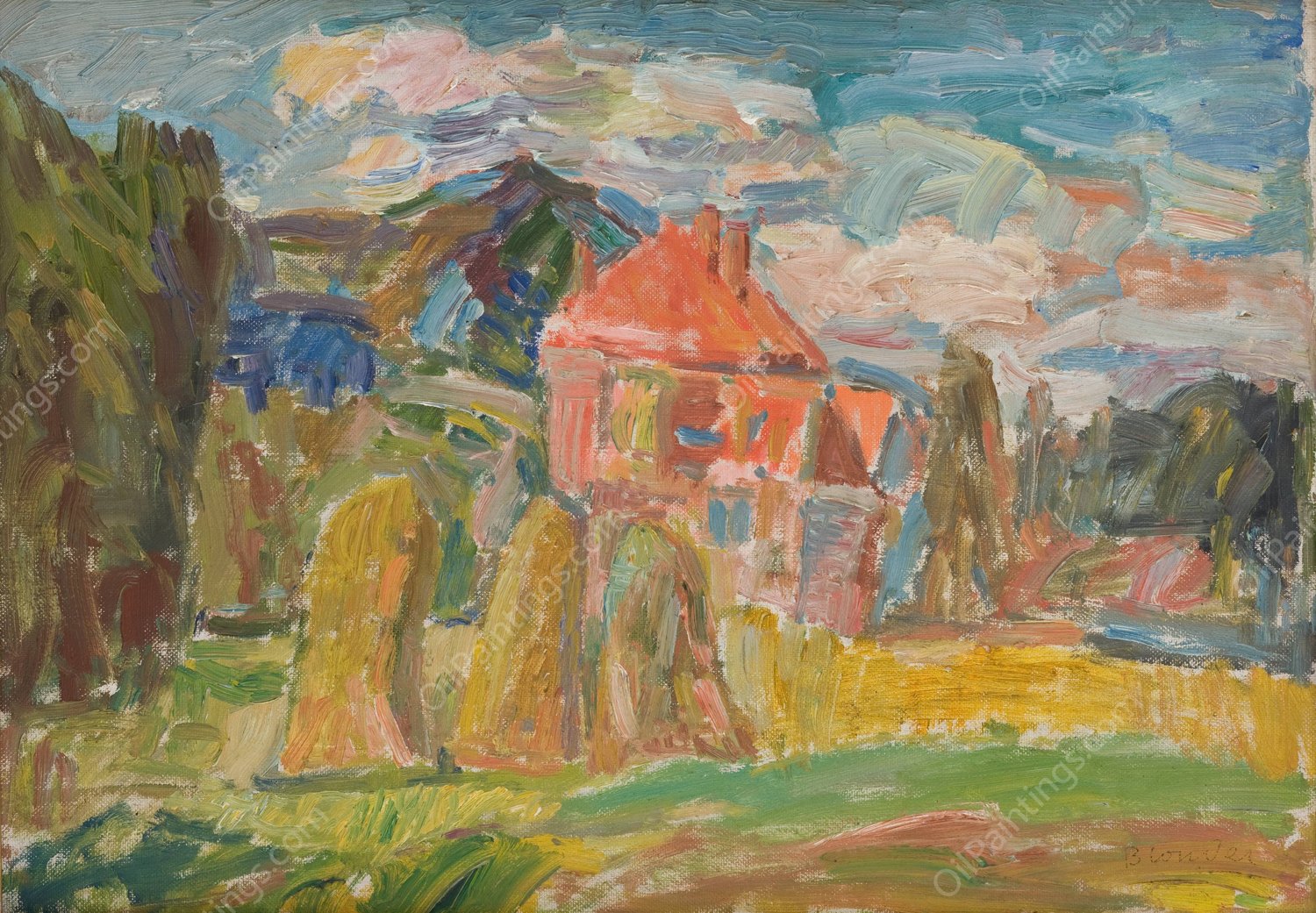 Landscape with a Red House  by Sasza Blonder - Hand-Painted Oil Painting Reproduction