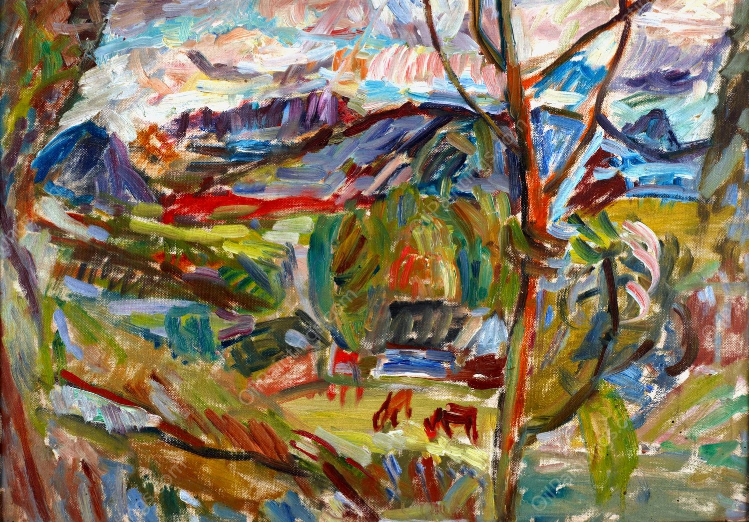 Mountain Landscape with Cows  by Sasza Blonder - Hand-Painted Oil Painting Reproduction