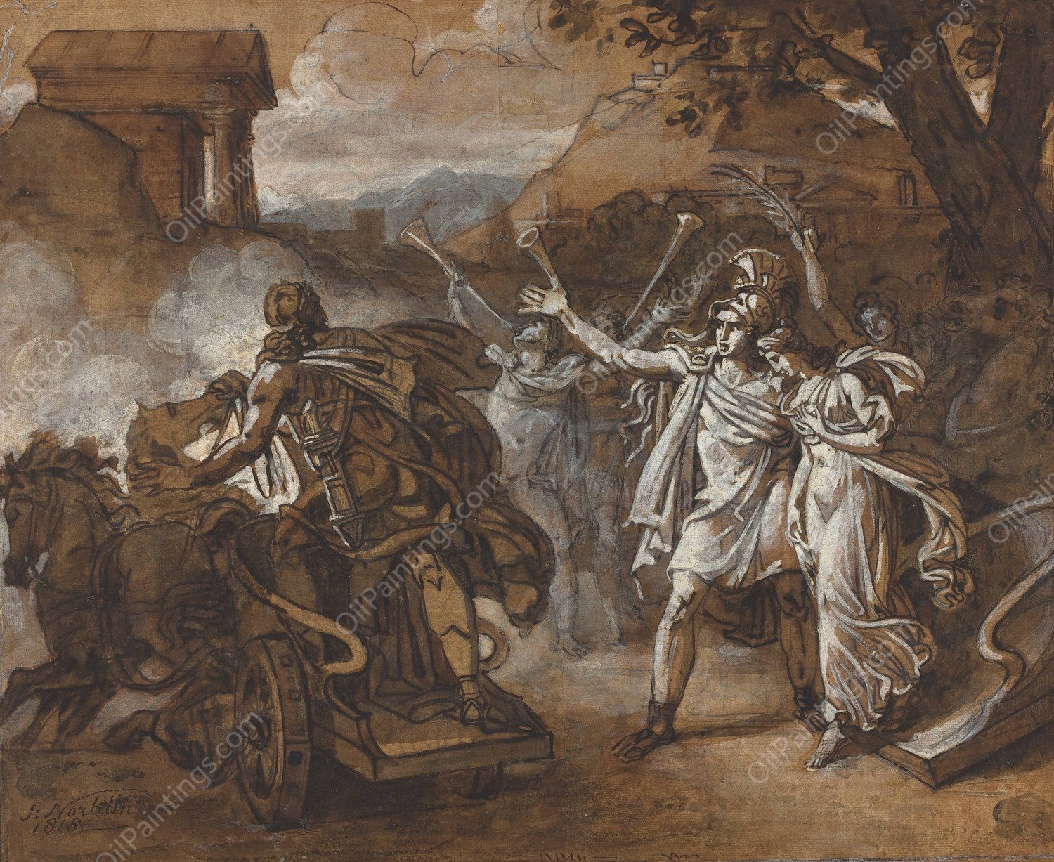 Castor And Pollux Rescuing Helen  by Sebastien Norblin De La Gourdaine - Hand-Painted Oil Painting Reproduction