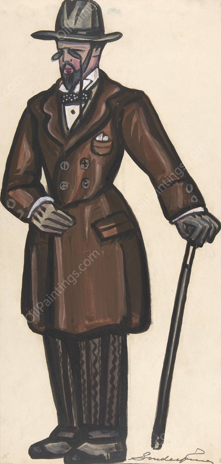 Man wearing a brown overcoat, cane and pince-nez by Sergey Yurievich Sudeikin - Hand-Painted Oil Painting Reproduction