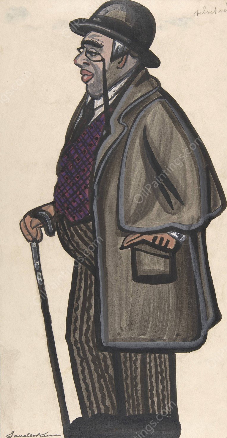 Man wearing a purple and red vest, with a pince-nez and bowler by Sergey Yurievich Sudeikin - Hand-Painted Oil Painting Reproduction