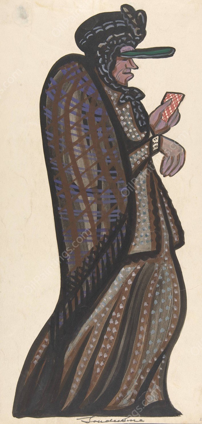 Old woman carrying a red and white checkered card by Sergey Yurievich Sudeikin - Hand-Painted Oil Painting Reproduction