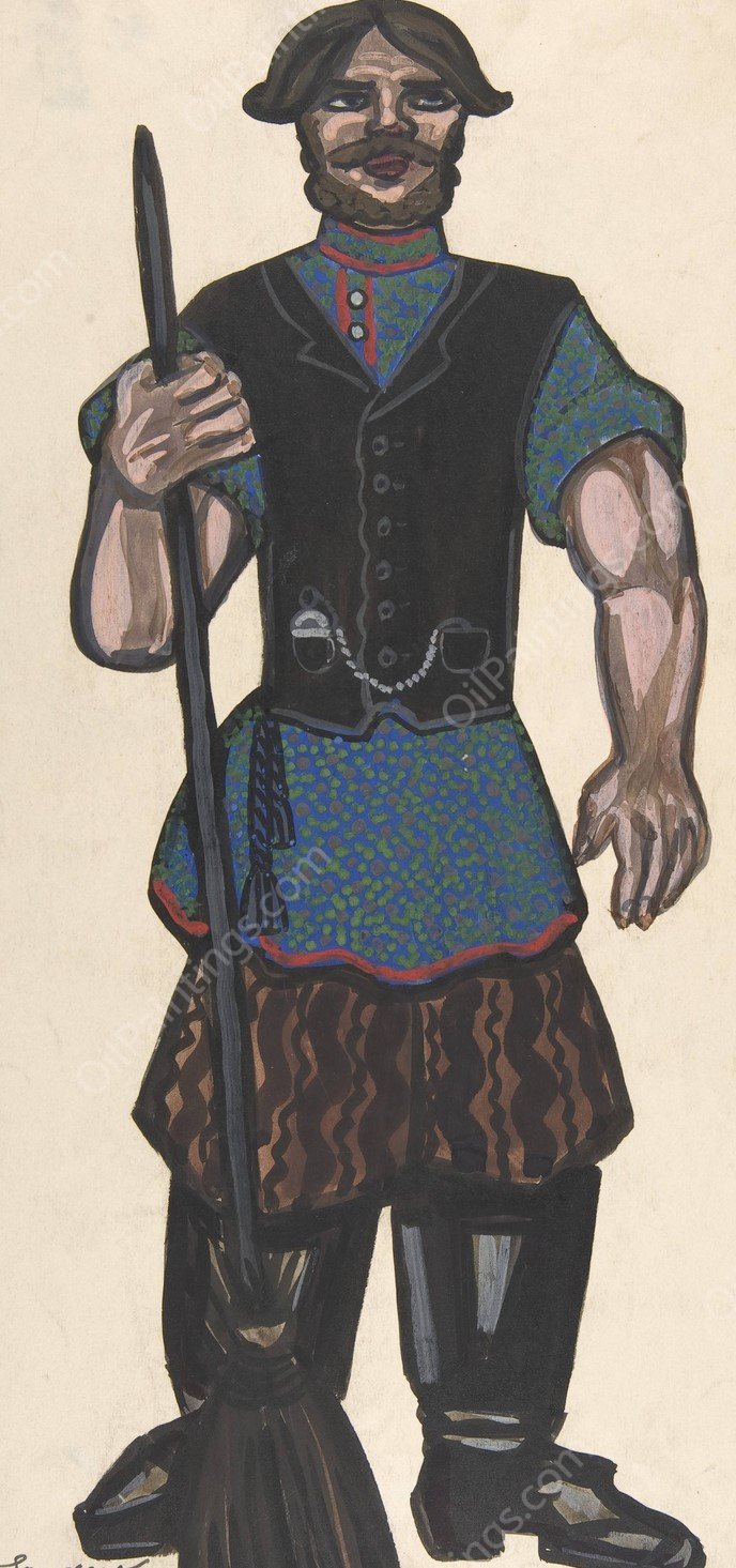 Peasant holding a broom by Sergey Yurievich Sudeikin - Hand-Painted Oil Painting Reproduction