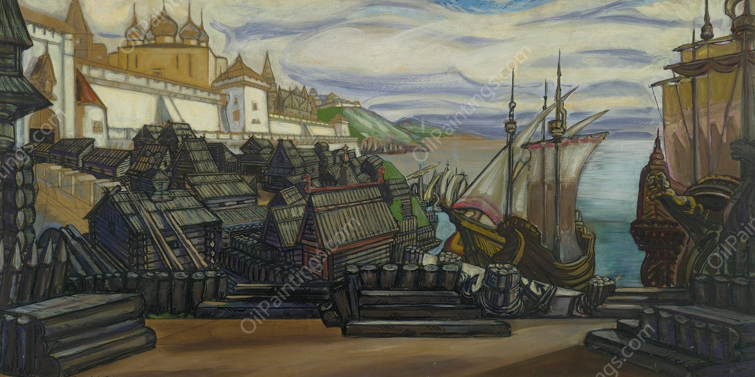 The Pier At Novgorod; Backdrop Design For Sadko by Sergey Yurievich Sudeikin - Hand-Painted Oil Painting Reproduction