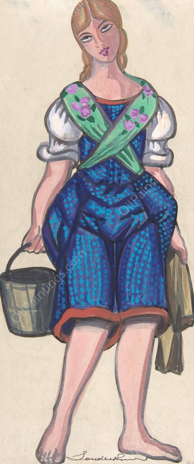 Woman dressed as a milkmaid holding a pail by Sergey Yurievich Sudeikin - Hand-Painted Oil Painting Reproduction