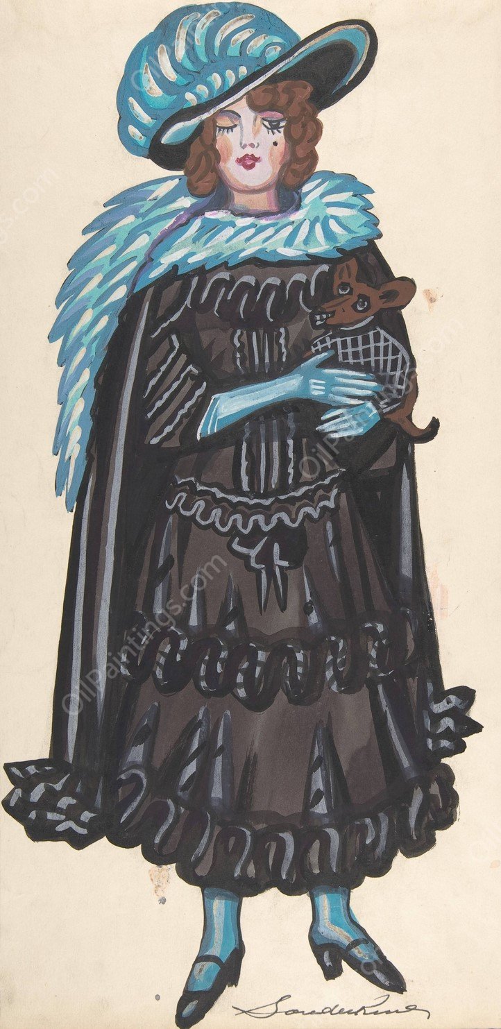 Woman in a black dress and blue boa holding a dog by Sergey Yurievich Sudeikin - Hand-Painted Oil Painting Reproduction