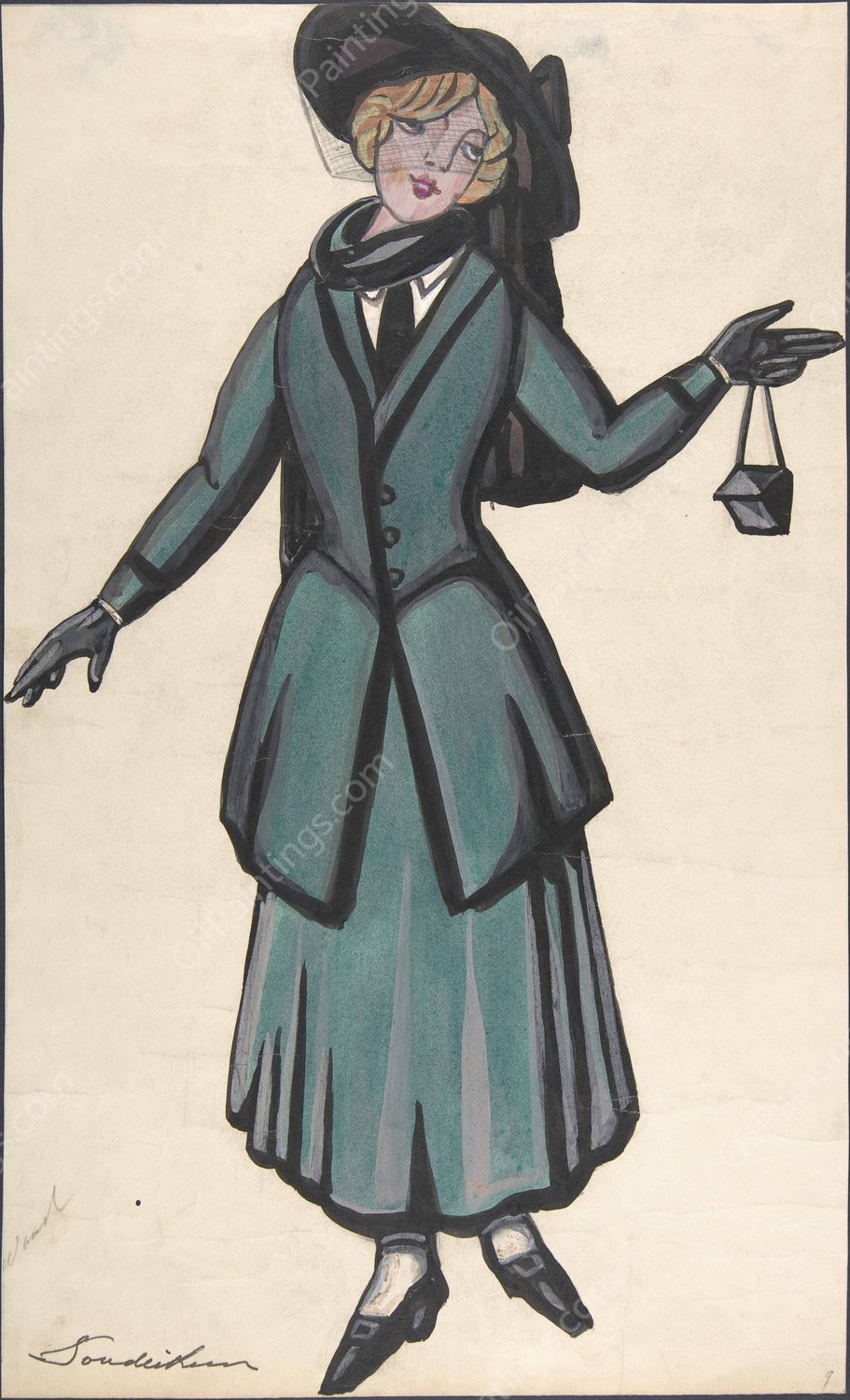 Woman wearing a blue-green suit by Sergey Yurievich Sudeikin - Hand-Painted Oil Painting Reproduction