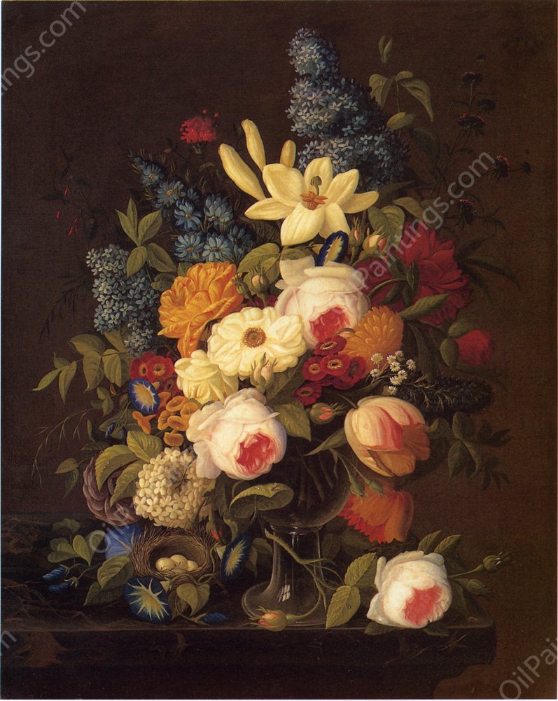 Floral Still Life with Nest of Eggs by Severin Roesen - Hand-Painted Oil Painting Reproduction
