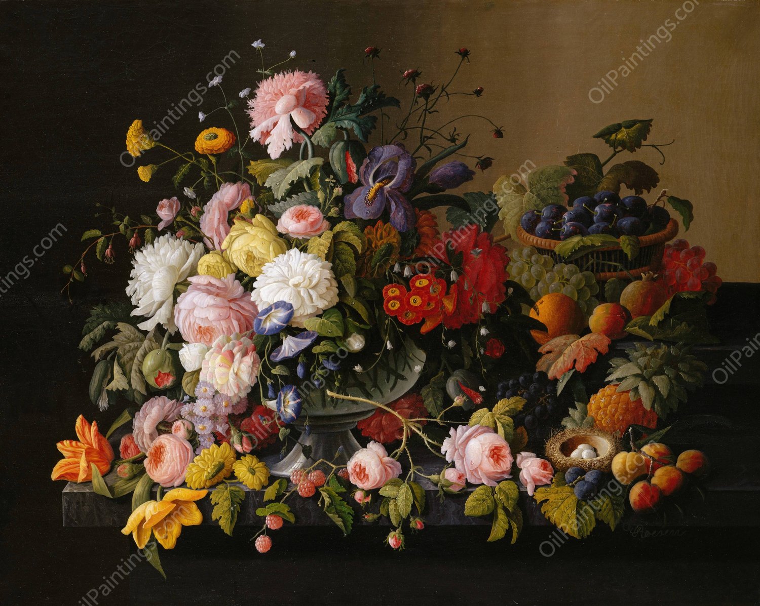 Still Life; Flowers and Fruit  by Severin Roesen - Hand-Painted Oil Painting Reproduction