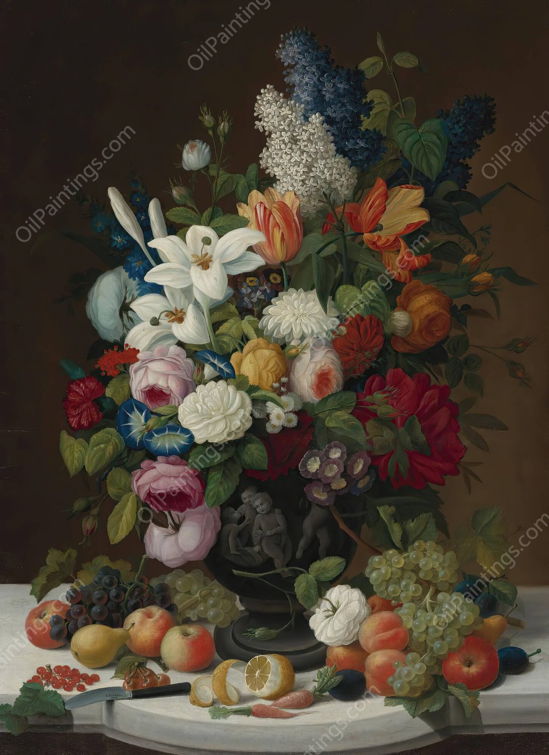 Still Life With Flowers And Fruit  by Severin Roesen - Hand-Painted Oil Painting Reproduction