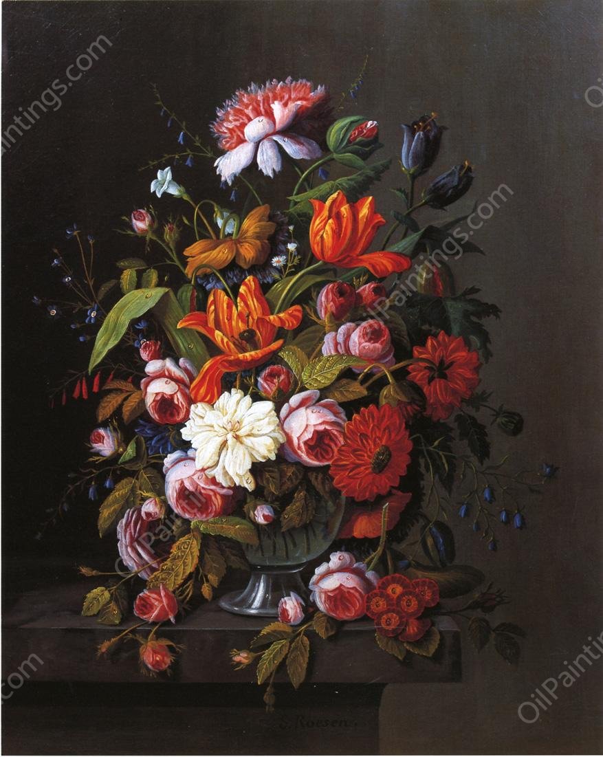 Summer Flowers in a Glass Bowl by Severin Roesen - Hand-Painted Oil Painting Reproduction