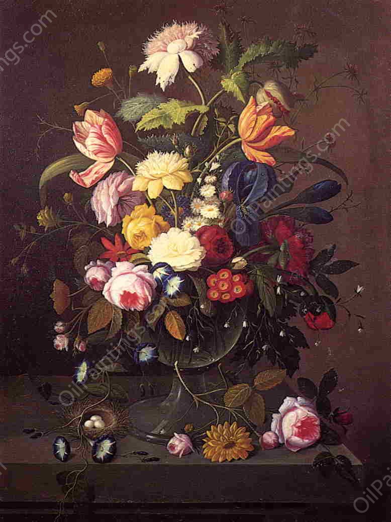 Vase of Flowers in Footed Glass Bowl with Bird's Nest by Severin Roesen - Hand-Painted Oil Painting Reproduction