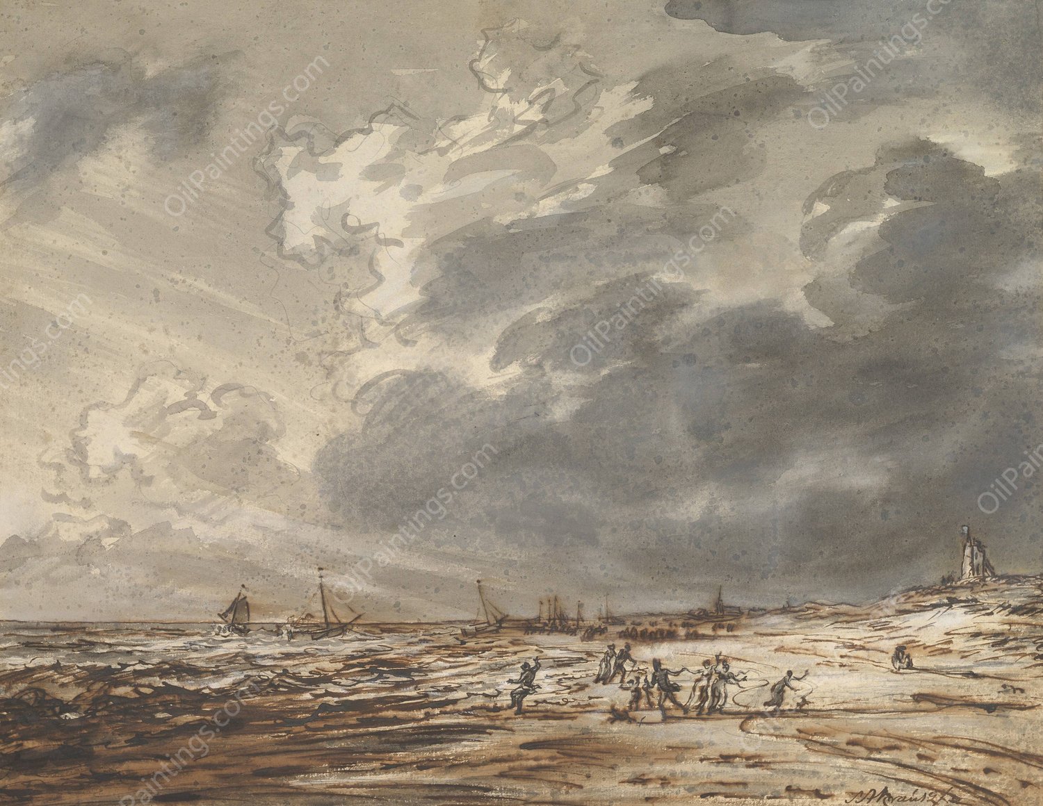 The Beach at Scheveningen  by Simon Andreas Krausz - Hand-Painted Oil Painting Reproduction