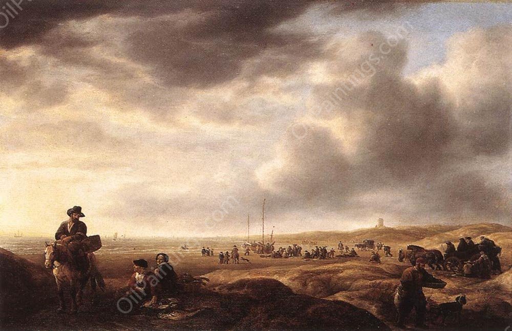 Beach near Scheveningen with Fish-Sellers by Simon De Vlieger - Hand-Painted Oil Painting Reproduction