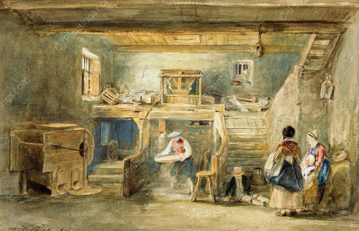 The Interior of Pitlessie Mill with a Man Sieving Corn  by Sir David Wilkie - Hand-Painted Oil Painting Reproduction