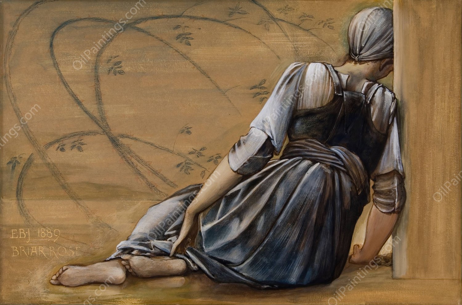 The Briar Rose Series - Study for 'The Garden Court' II  by Sir Edward Coley Burne-Jones - Hand-Painted Oil Painting Reproduction