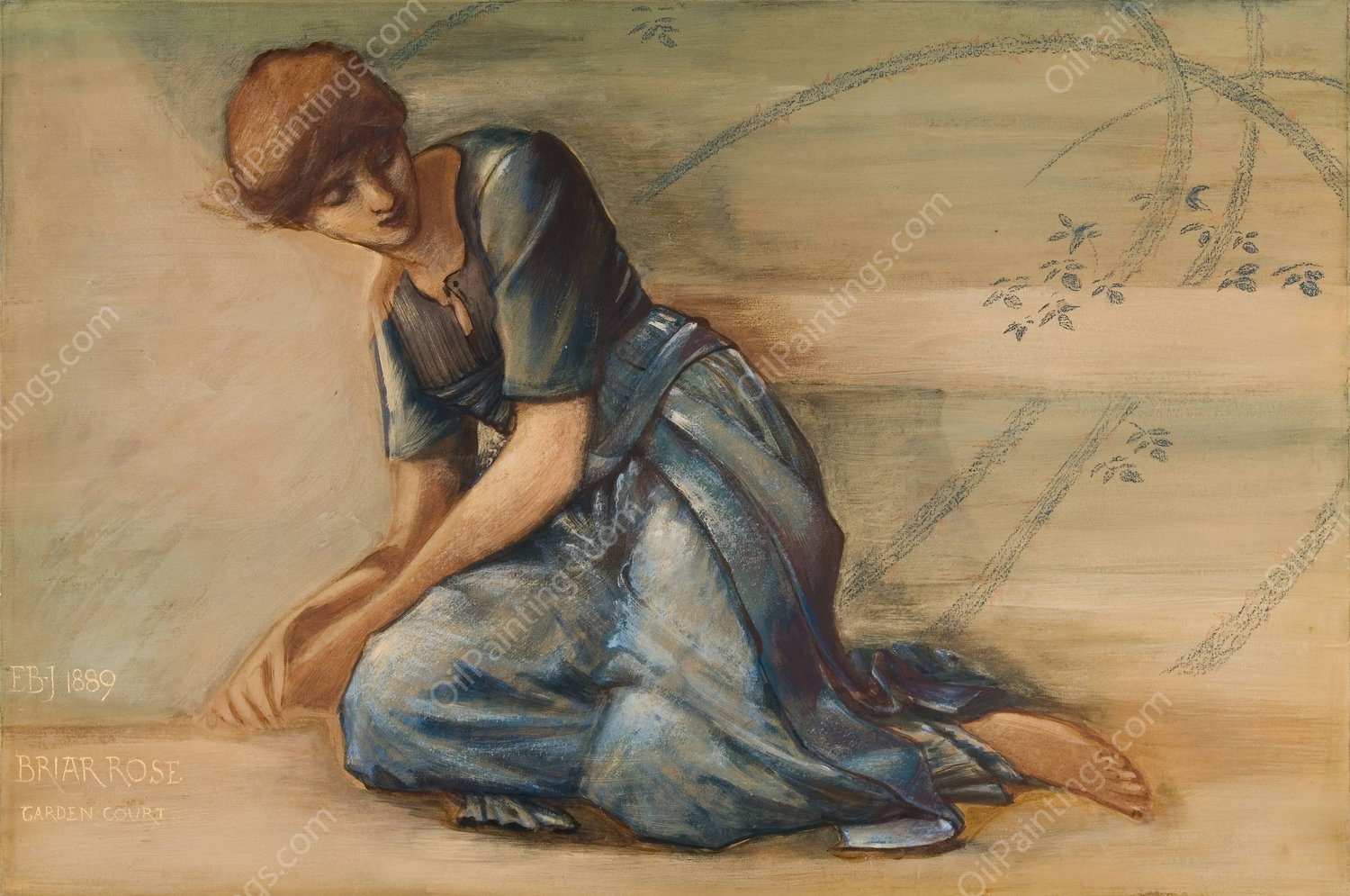 The Briar Rose Series - Study for 'The Garden Court' IV  by Sir Edward Coley Burne-Jones - Hand-Painted Oil Painting Reproduction
