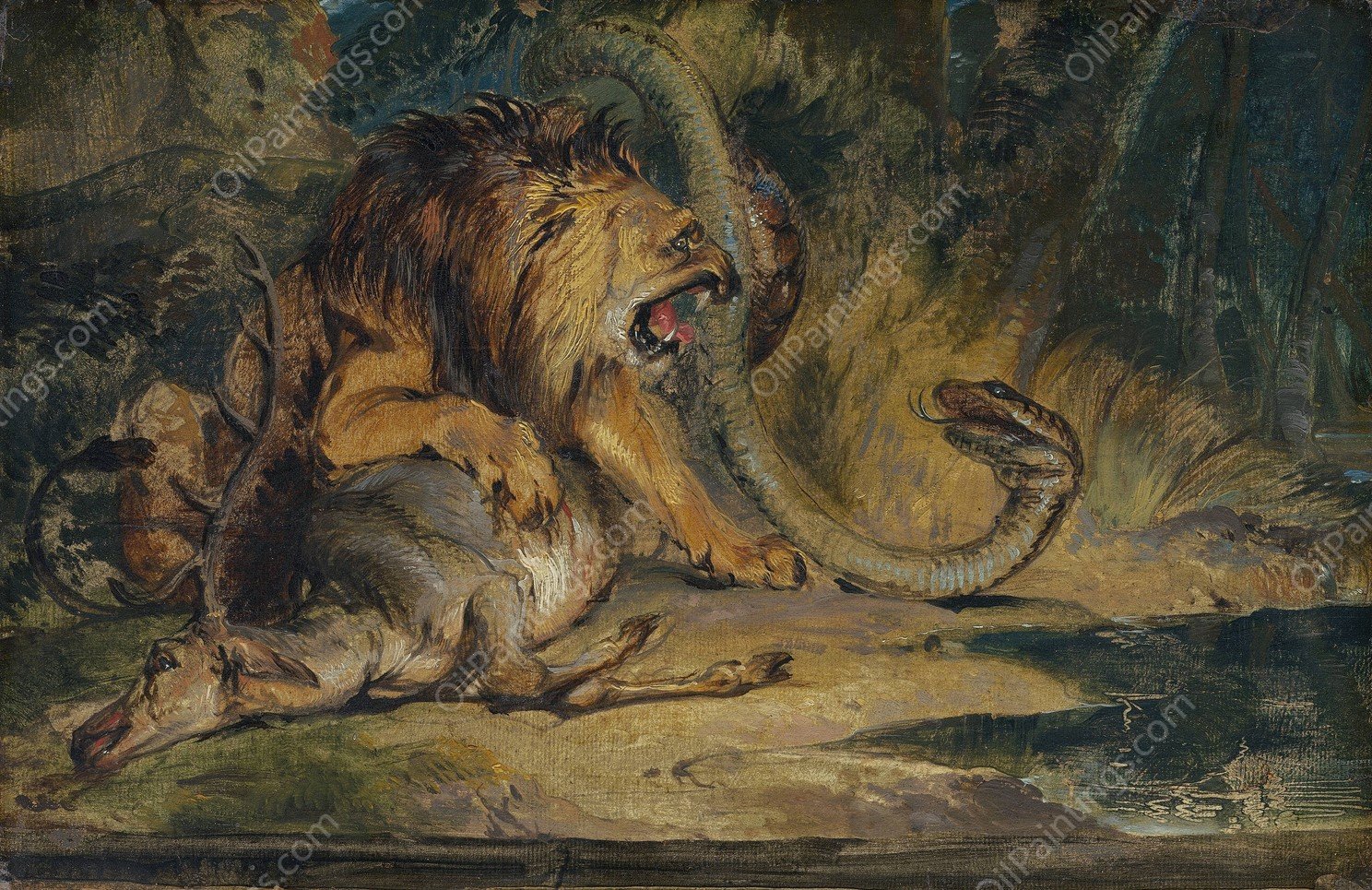 Lion Defending its Prey  by Sir Edwin Henry Landseer - Hand-Painted Oil Painting Reproduction