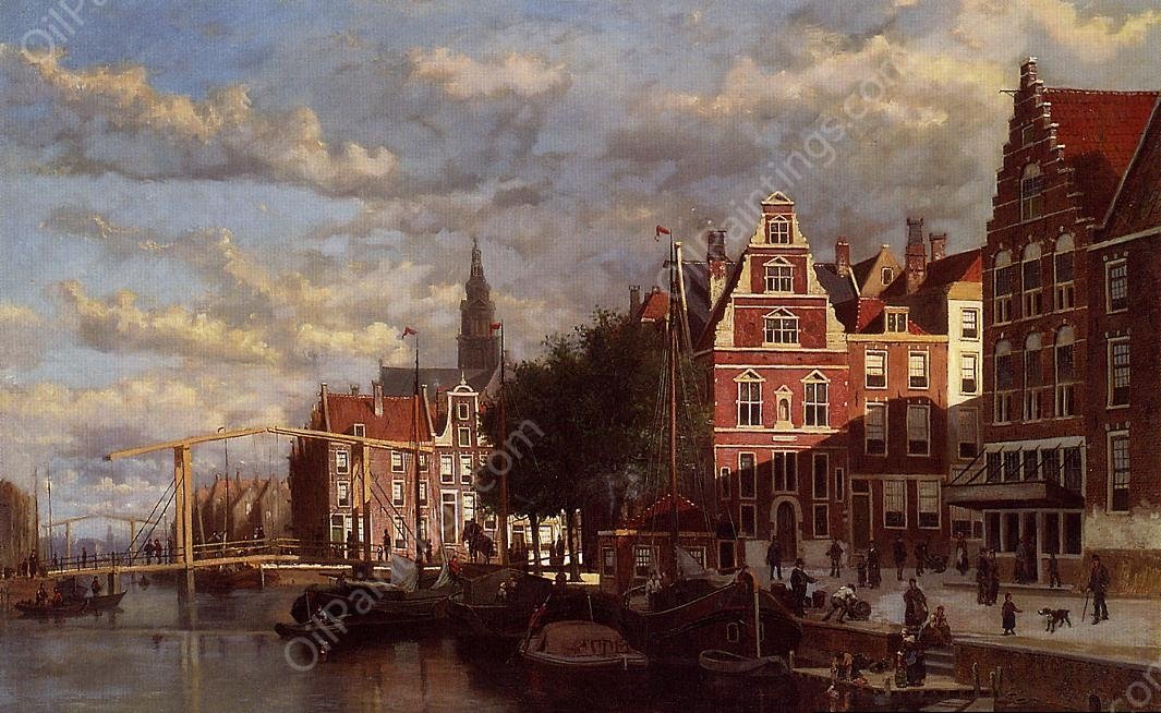 A Canal in Amsterdam by Abraham Hulk Snr. - Hand-Painted Oil Painting Reproduction