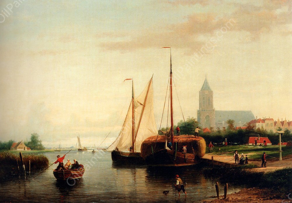 A Moored Haybarge And Other Shipping By A Bleach-field, In The Harbour Of Manninckendam by Abraham Hulk Snr. - Hand-Painted Oil Painting Reproduction
