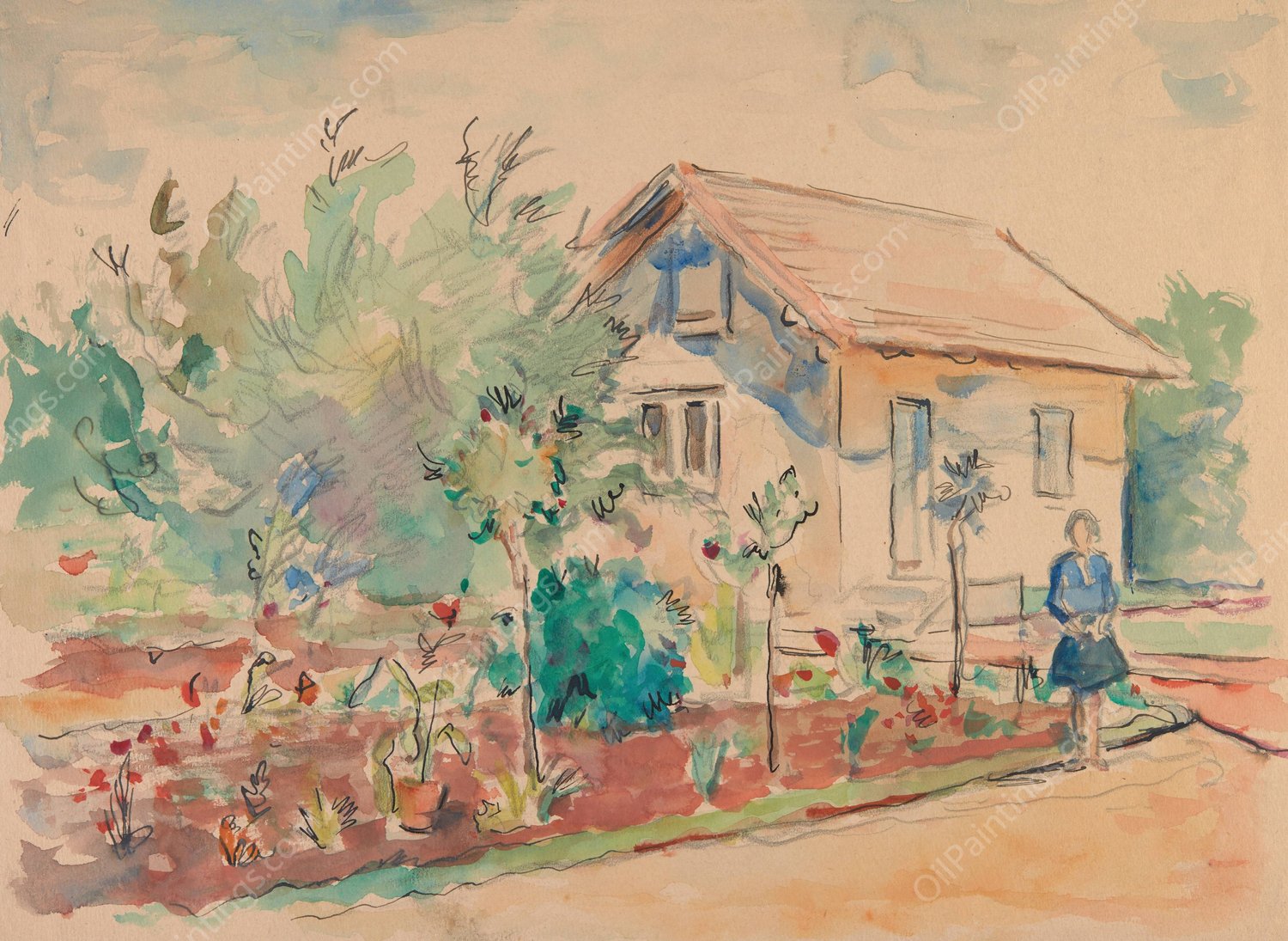 Dom z ogrodkiem kwiatowym  by Sofija Paraszczuk - Hand-Painted Oil Painting Reproduction