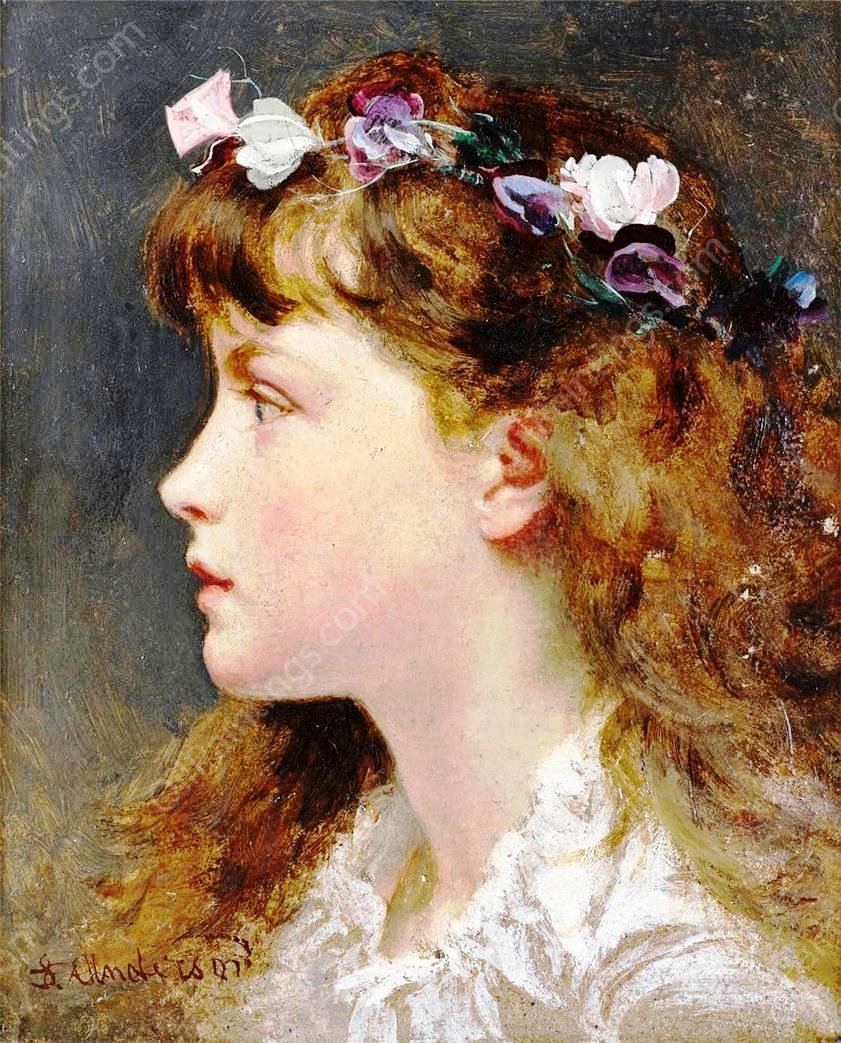 A Young Girl with a Garland of Flowers in Her Hair by Sophie Anderson - Hand-Painted Oil Painting Reproduction