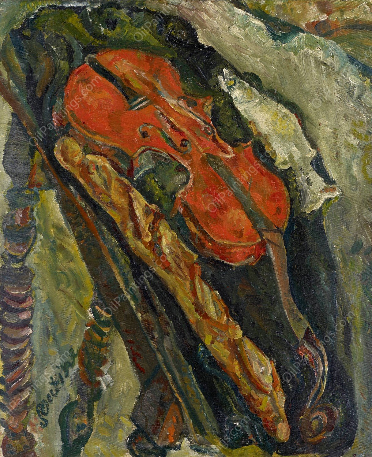 Still Life with Violin, Bread and Fish  by Chaim Soutine - Hand-Painted Oil Painting Reproduction