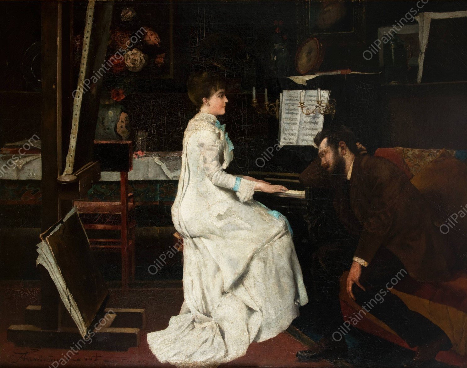 At the Piano  by Stanislaw Lentz - Hand-Painted Oil Painting Reproduction