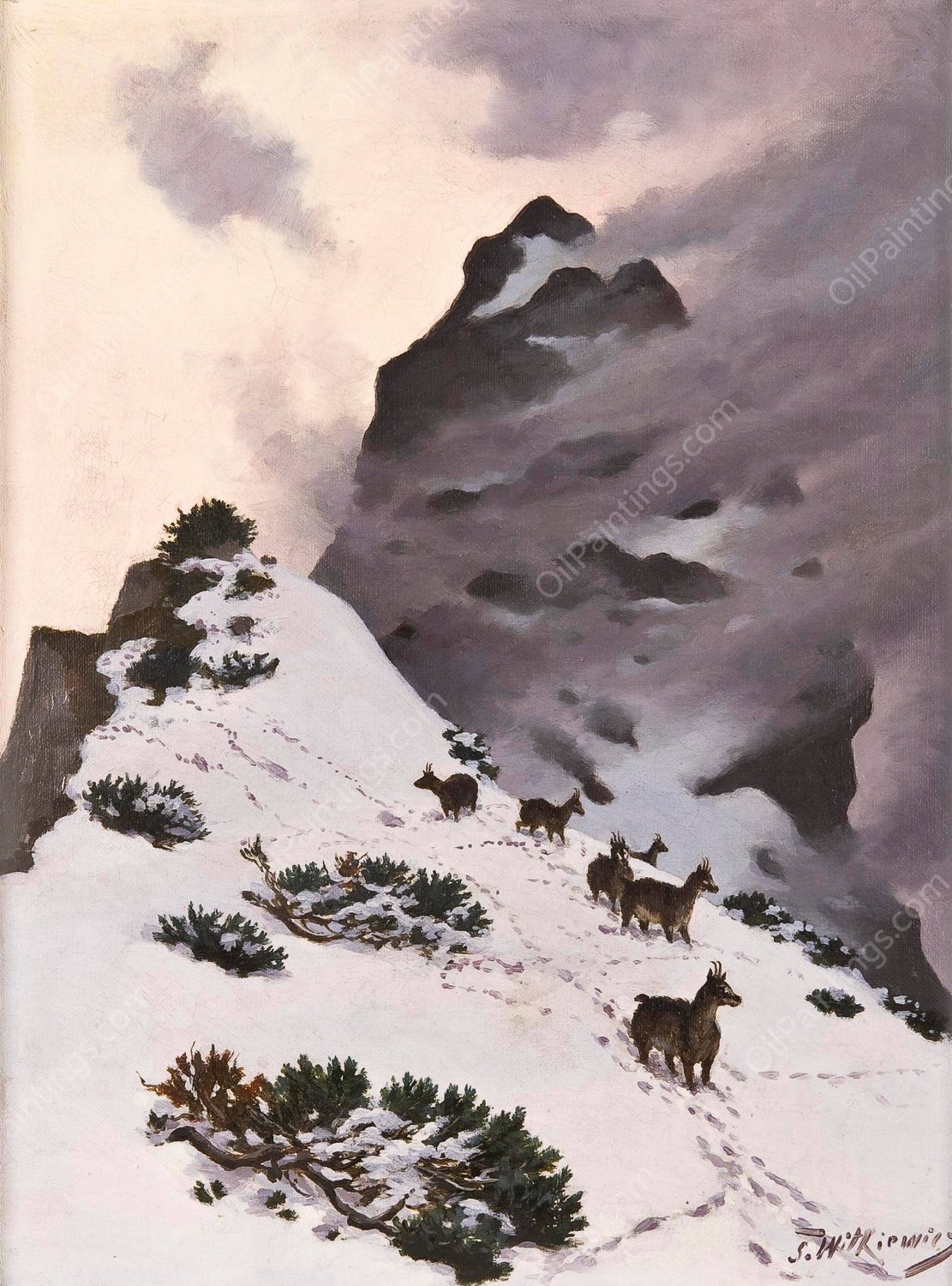 Chamois in the mountains  by Stanislaw Witkiewicz - Hand-Painted Oil Painting Reproduction