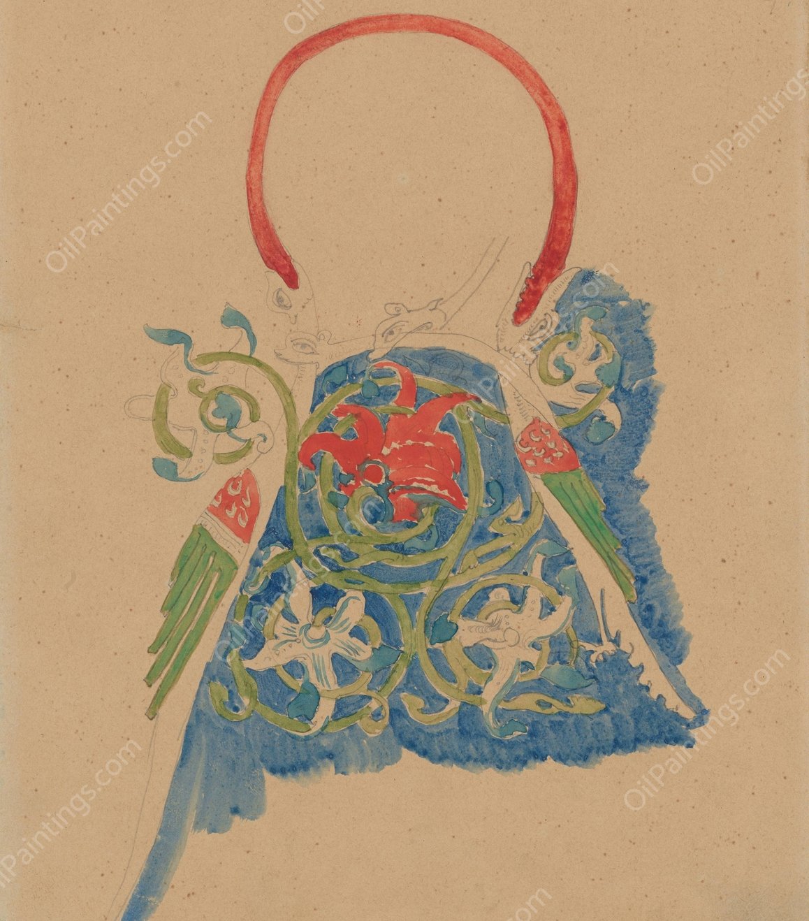Drawing of an ornament with a motif of dragons and vines  by Stanislaw Wyspianski - Hand-Painted Oil Painting Reproduction